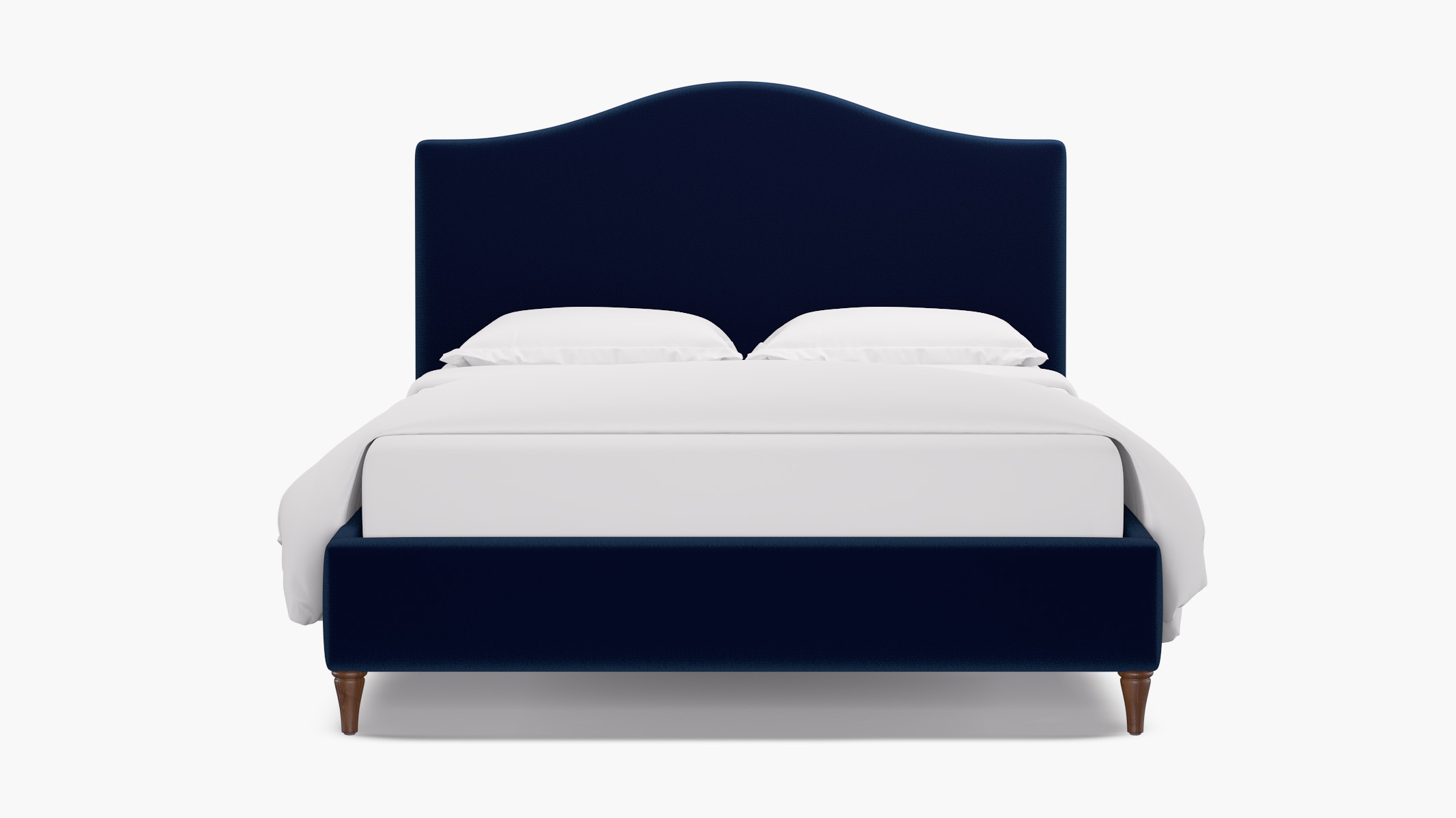 Camelback Bed, Navy Performance Velvet, Walnut Decorative Tapered Leg, King - Image 0