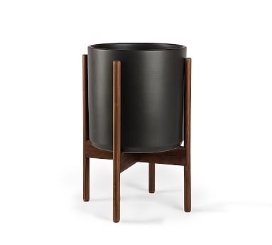 Modern Ceramic Planters with Wooden Stand, Black - Small - Image 0