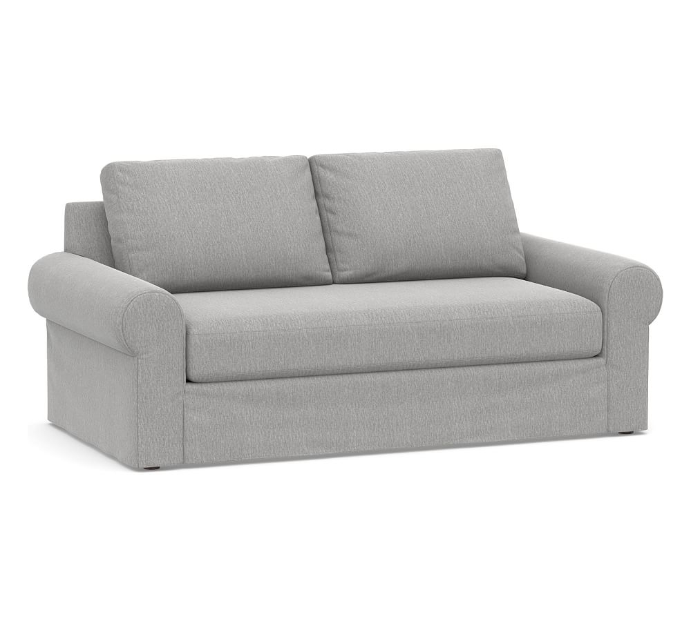 Big Sur Roll Arm Slipcovered Loveseat 77" with Bench Cushion, Down Blend Wrapped Cushions, Sunbrella(R) Performance Chenille Fog - Image 0