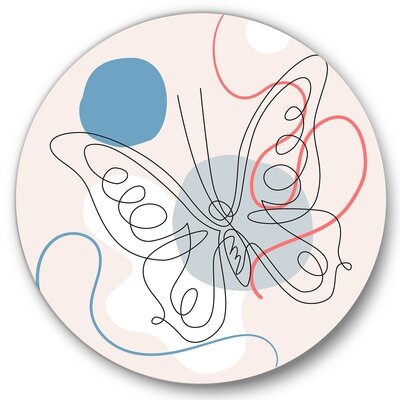 Butterfly One Line Drawing On Cubism Shapes III - Modern Metal Circle Wall Art - Image 0