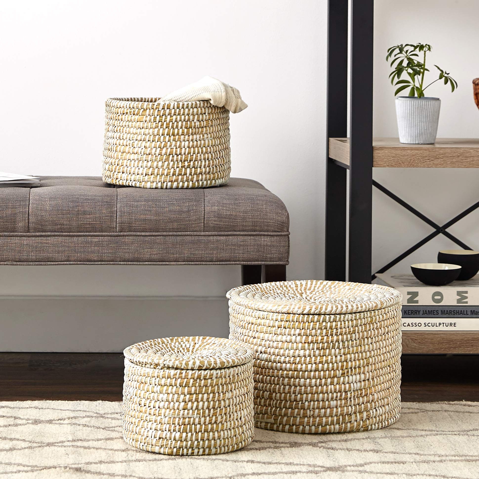 Whitewashed Woven Seagrass Baskets with Lids (Set of 3 Sizes) - Image 4