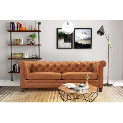 Halesowen 87.4" Genuine Leather Rolled Arm Chesterfield Sofa - Image 0