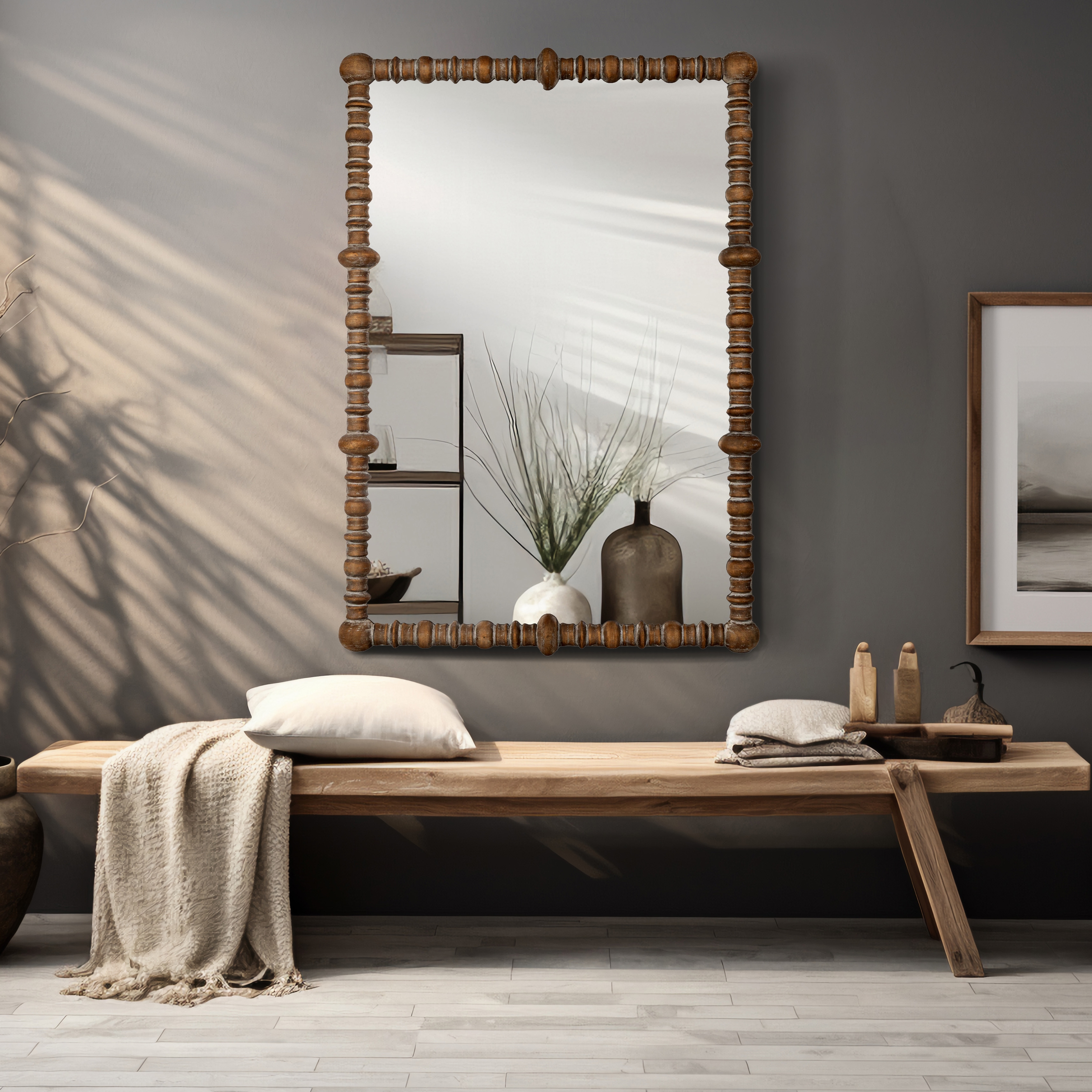 Pine Wood Beaded Dowel Wall Mirror, Distressed - Image 0