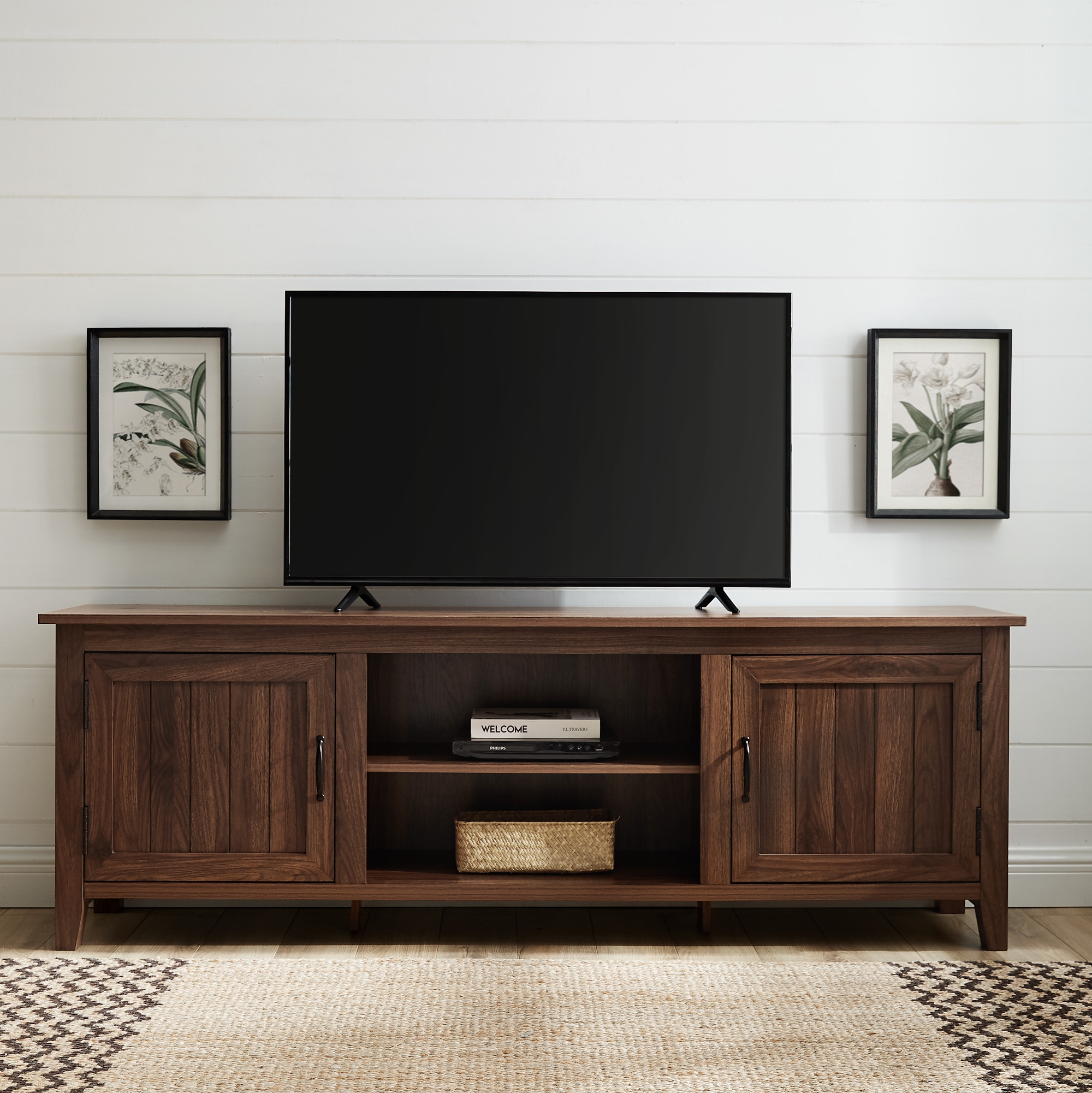 70" Modern Farmhouse Simple Grooved Door Wood TV Stand - Dark Walnut - Image 5