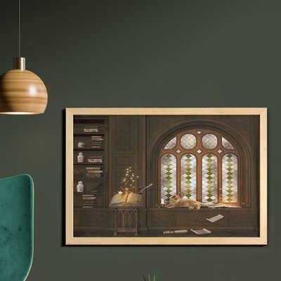 Ambesonne Gothic Wall Art With Frame, Room For Study In The Medieval Library Cat Sleeping On Window Antique Mansion Print, Printed Fabric Poster For Bathroom Living Room Dorms, 35" X 23", Taupe - Image 0