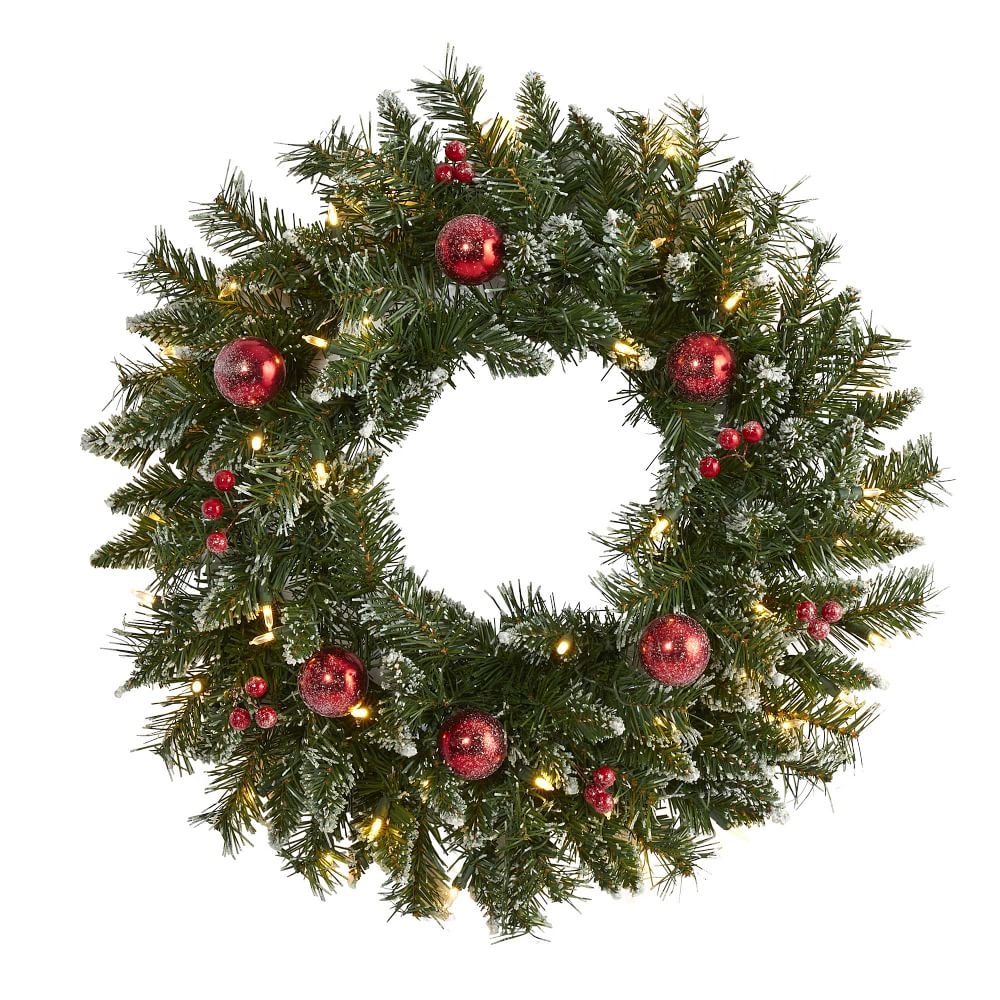 Frosted Artificial Christmas Wreath with 50 Warm White LED Lights, Ornaments &amp; Berries, 24" - Image 0