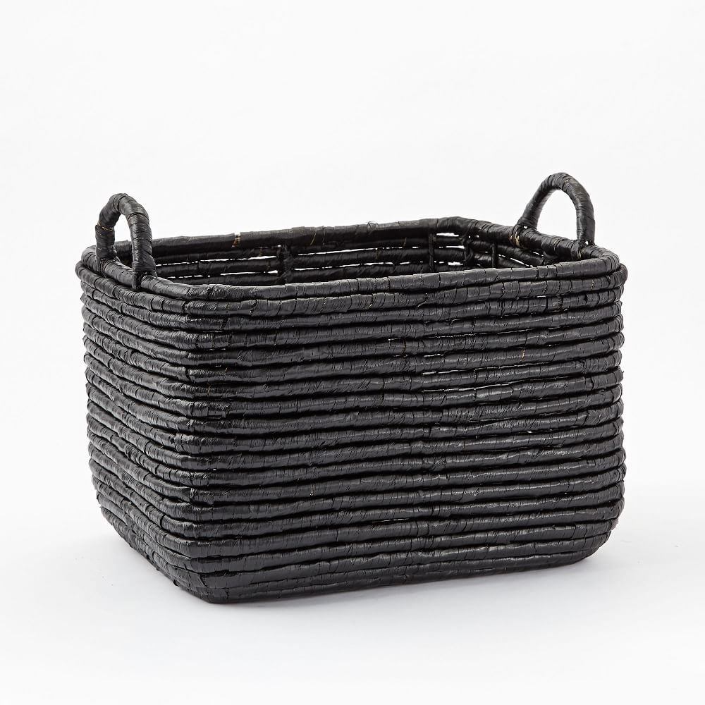 Woven Seagrass, Handle Baskets, Black, Large, 19"W x 15"D x 15"H - Image 0