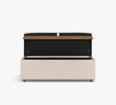 PB Comfort Upholstered Storage Ottoman with Pull Out Table, Box Edge, Polyester Wrapped Cushions, Performance Twill Warm White - Image 1