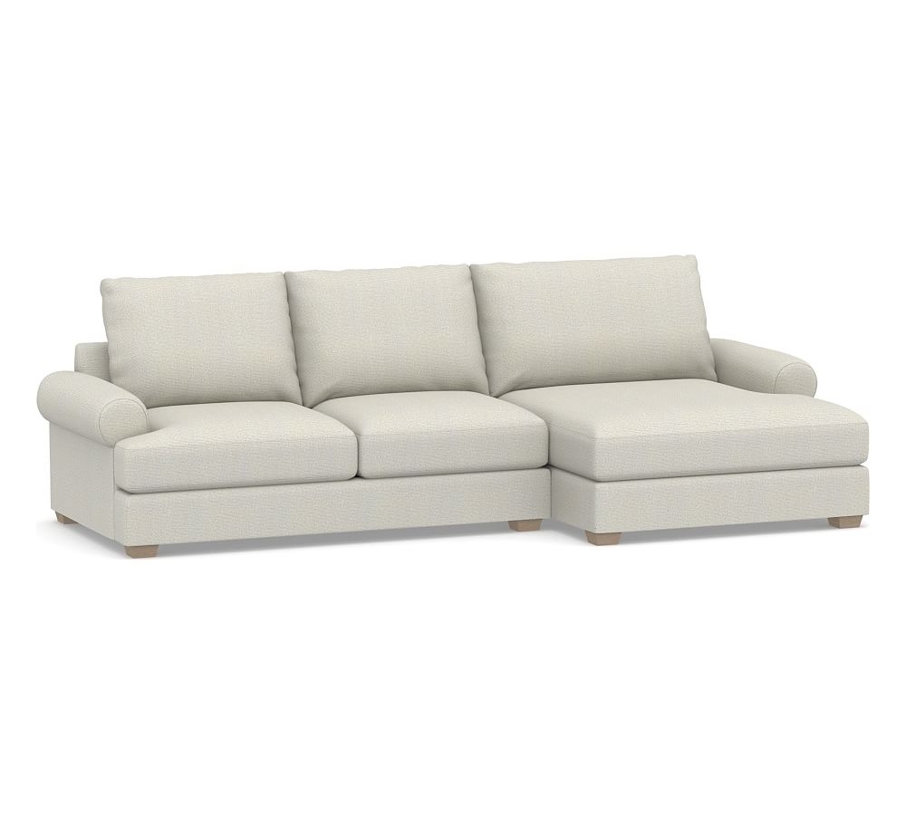 Canyon Roll Arm Upholstered Left Arm Loveseat with Double Chaise SCT, Down Blend Wrapped Cushions, Performance Heathered Basketweave Dove - Image 0