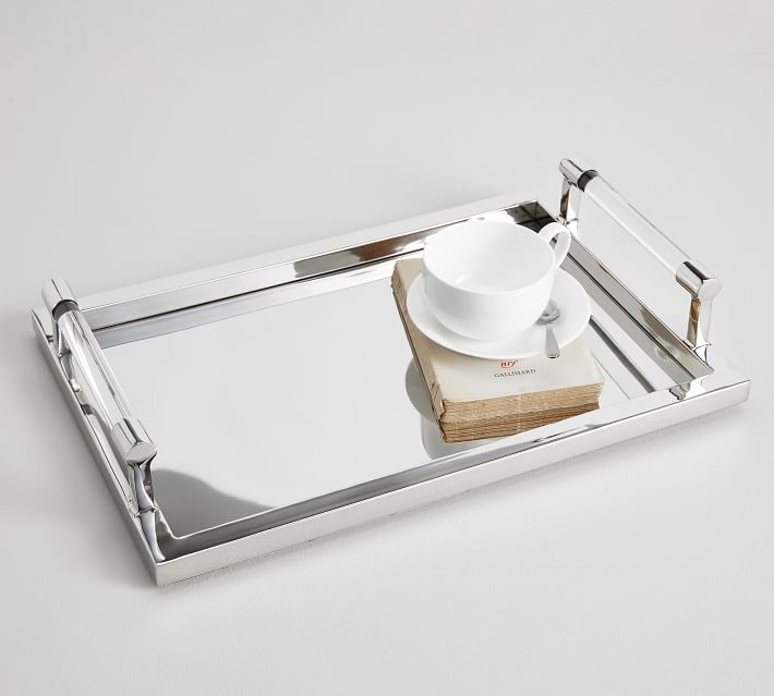 Mirrored Nickel Tray w/Glass Handles, Silver, Medium - Image 2