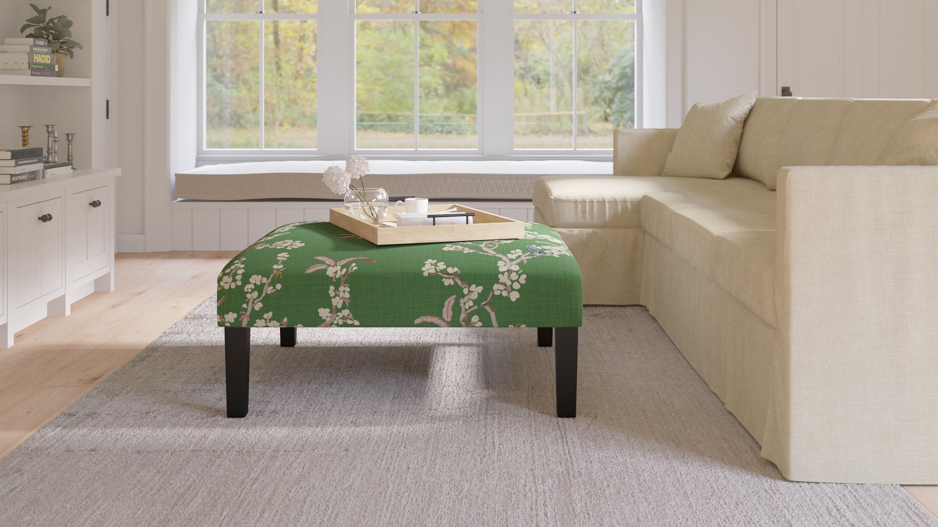 Cocktail Ottoman, Jade Cherry Blossom, Espresso - Image 3