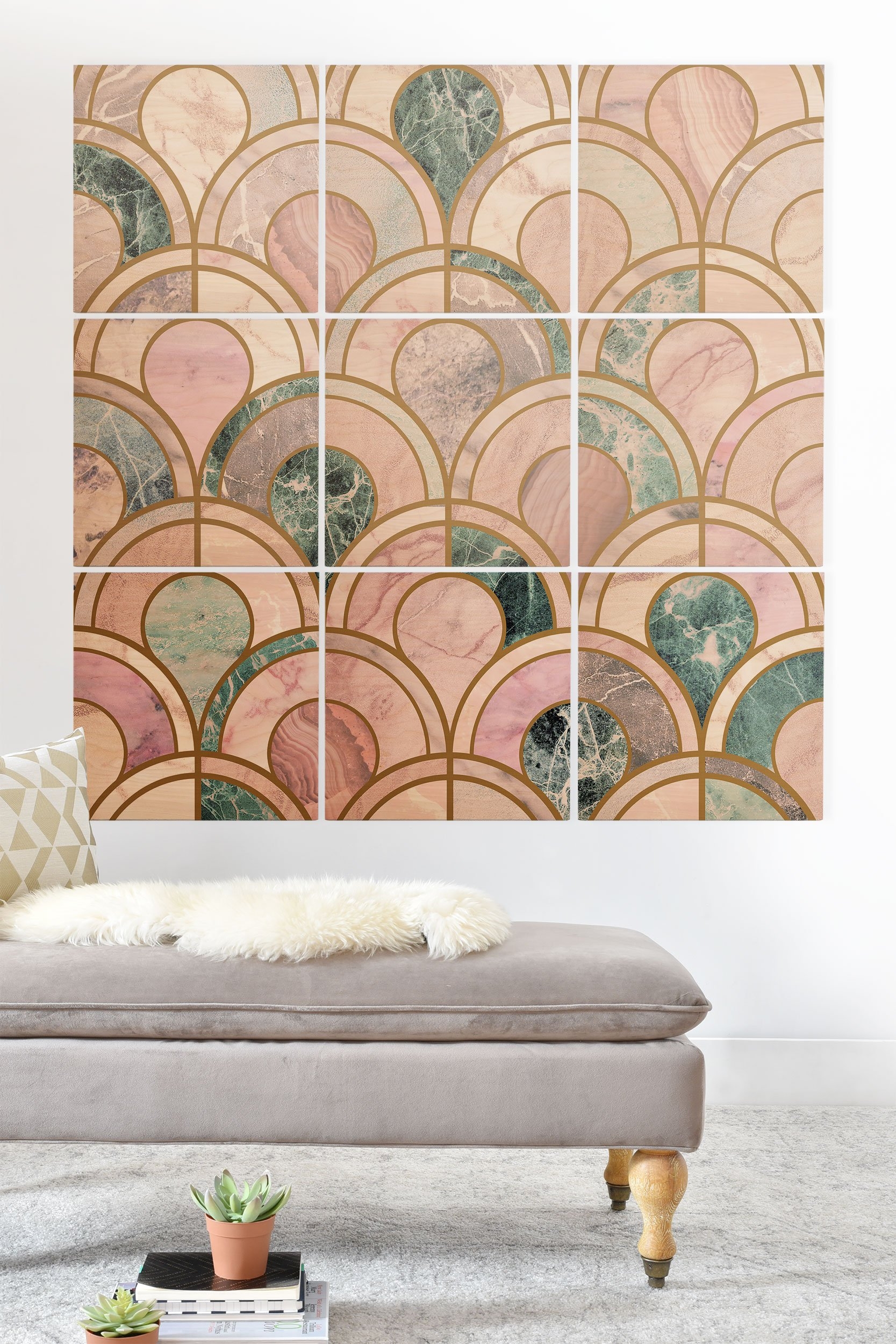 Emanuela Carratoni Rose Gold Marble Inlays Wood Wall Mural - 4' x 4' (Nine 16" Wood Squares) - Image 0