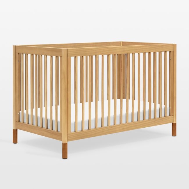 Babyletto Gelato Honey Wood & Vegan Tan Leather 4-in-1 Convertible Baby Crib with Toddler Bed Conversion Kit - Image 0