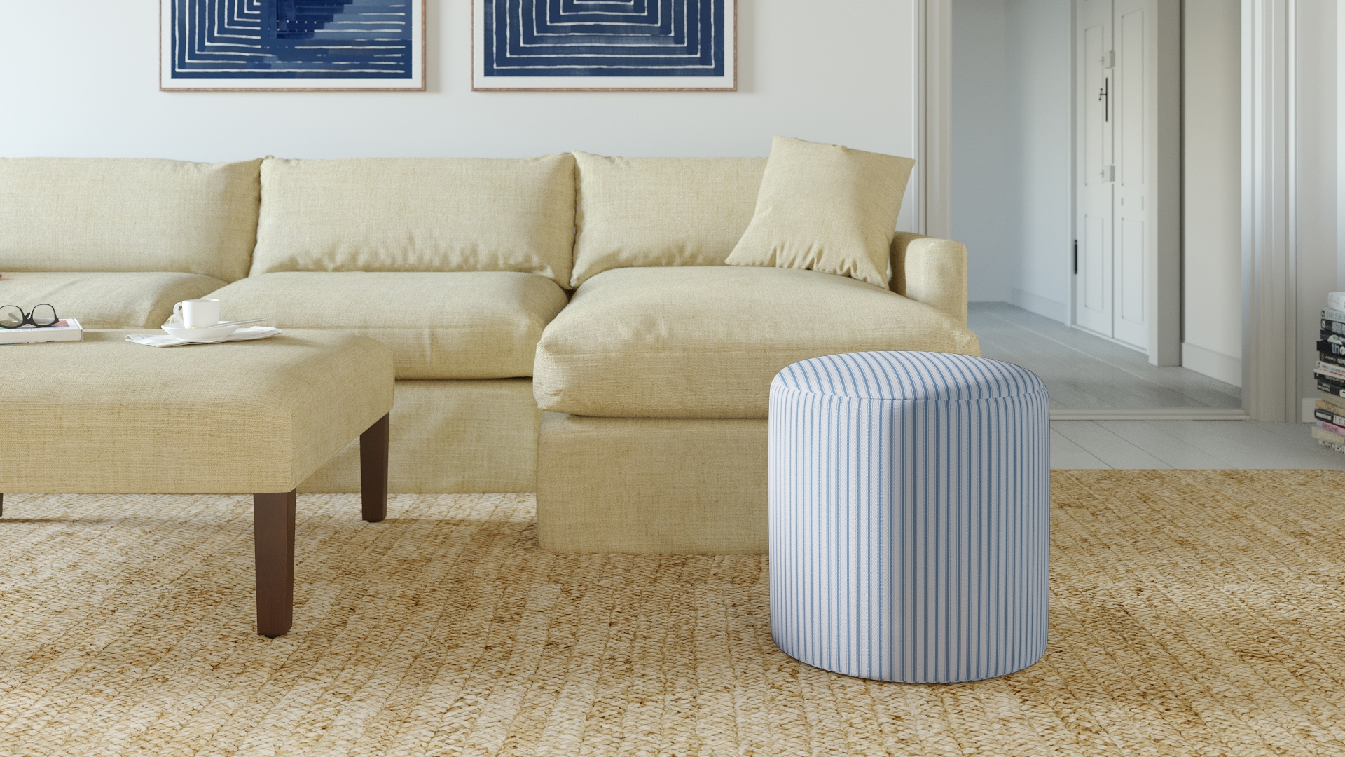 Drum Ottoman, Cornflower Classic Ticking Stripe - Image 1