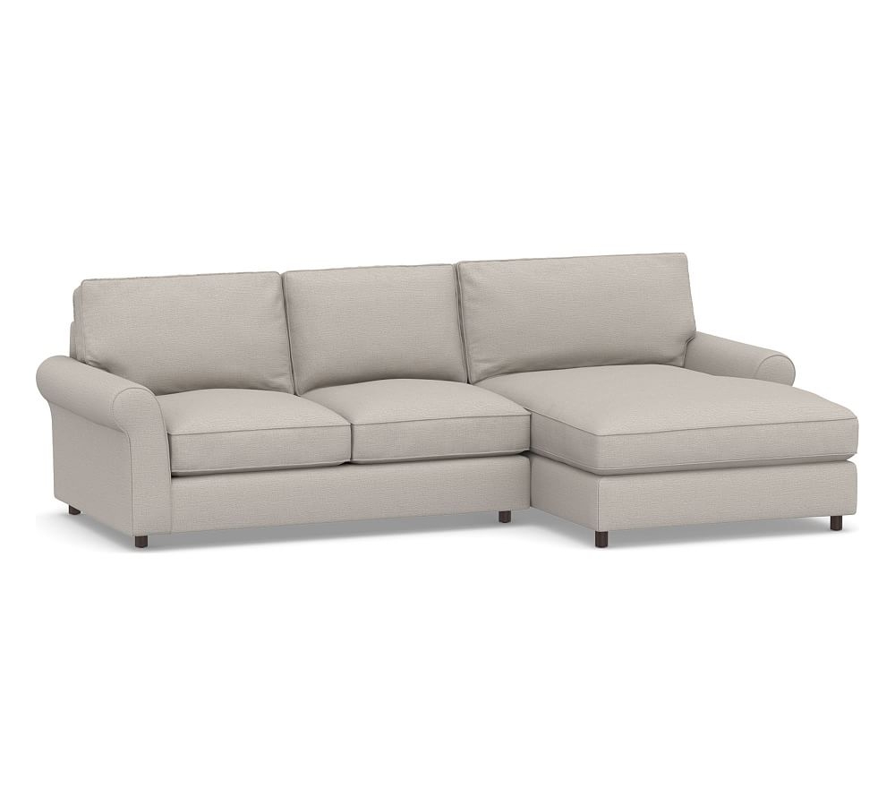 PB Comfort Roll Arm Upholstered Left Arm Loveseat with Wide Chaise Sectional, Box Edge Down Blend Wrapped Cushions, Chunky Basketweave Stone - Image 0