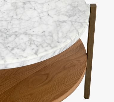 Modern Marble Round Coffee Table, Natural Oak & Golden Brass - Image 1