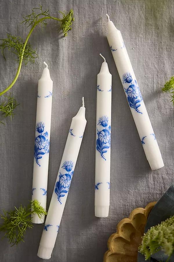 Blue Floral Taper Candles, Set of 4 - Image 0