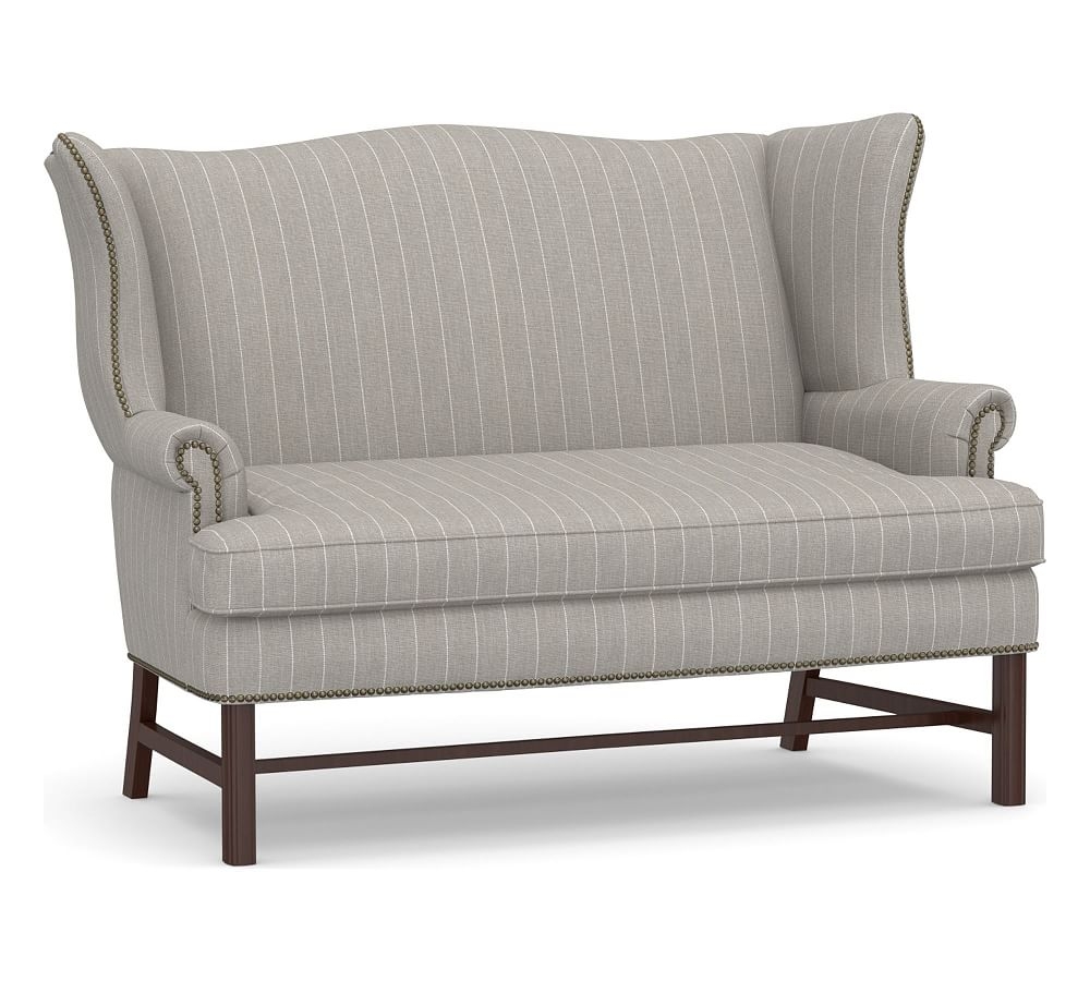 Thatcher Upholstered Settee, Polyester Wrapped Cushions, Sunbrella(R) Performance Harbor Stripe Gray - Image 0
