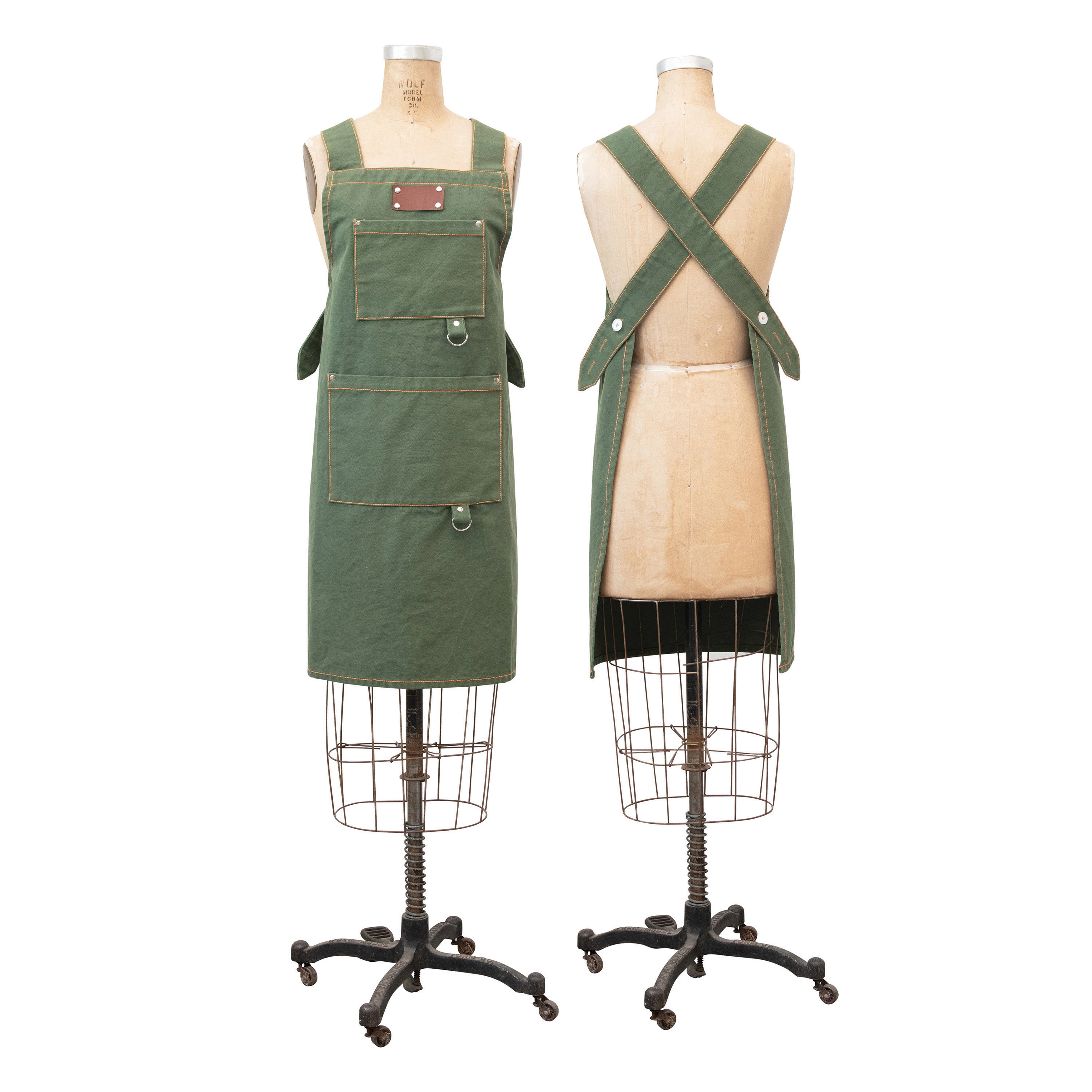 Cotton Canvas Cross Back Apron with Pockets & Rivets, Green - Image 0