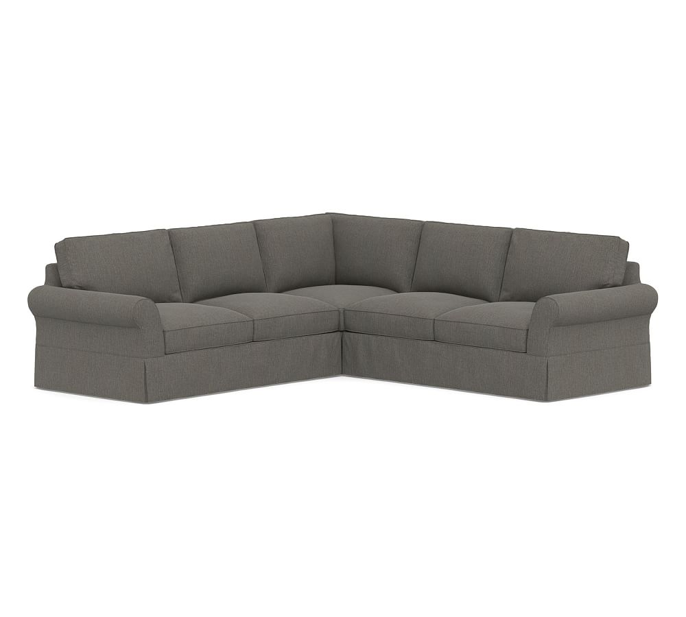 PB Comfort Roll Arm Slipcovered 3-Piece L-Shaped Corner Sectional, Box Edge, Down Blend Wrapped Cushions, Chenille Basketweave Charcoal - Image 0