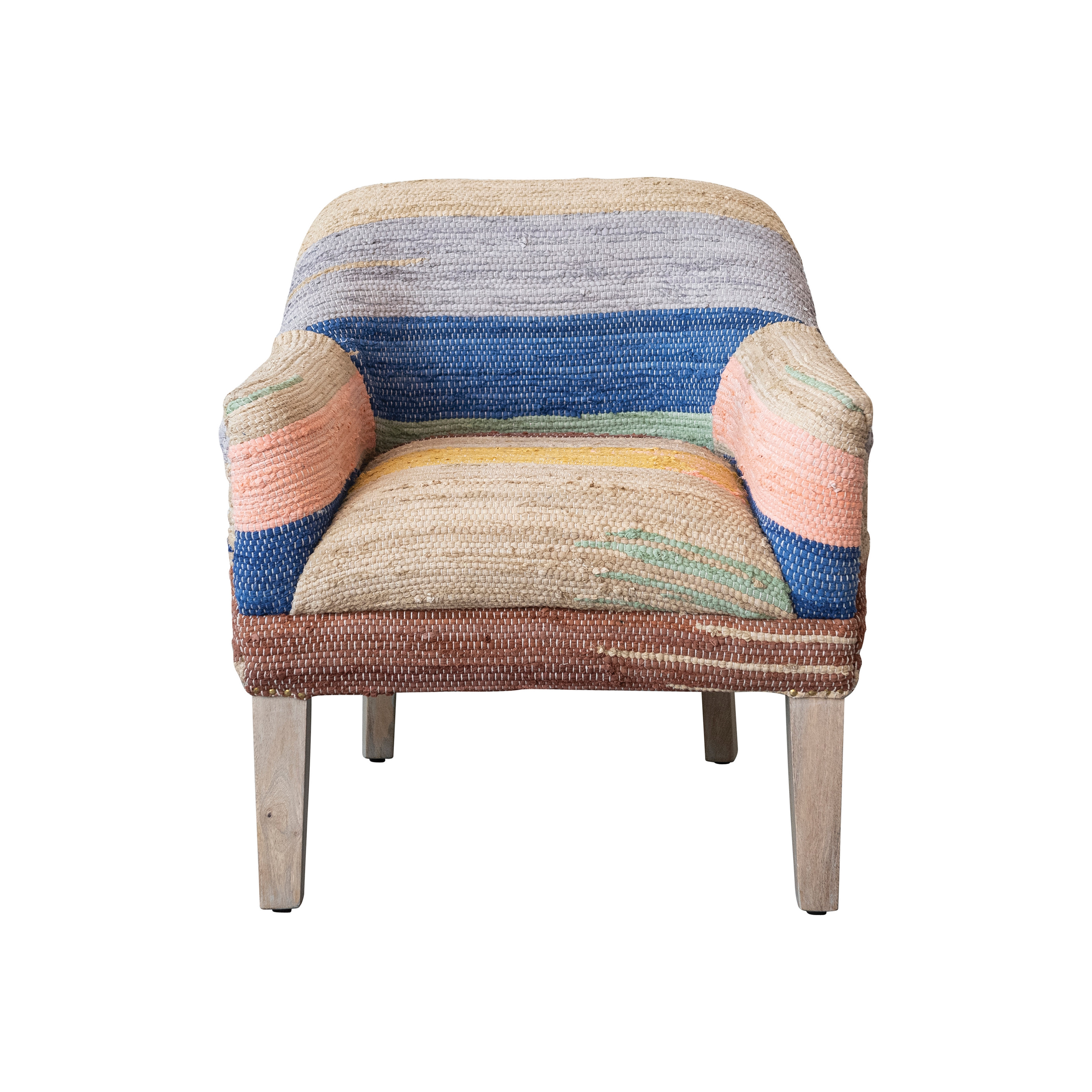 Woven Cotton Chindi Upholstered Chair with Mango Wood Legs and Gold Nail Heads, Multicolor - Image 0