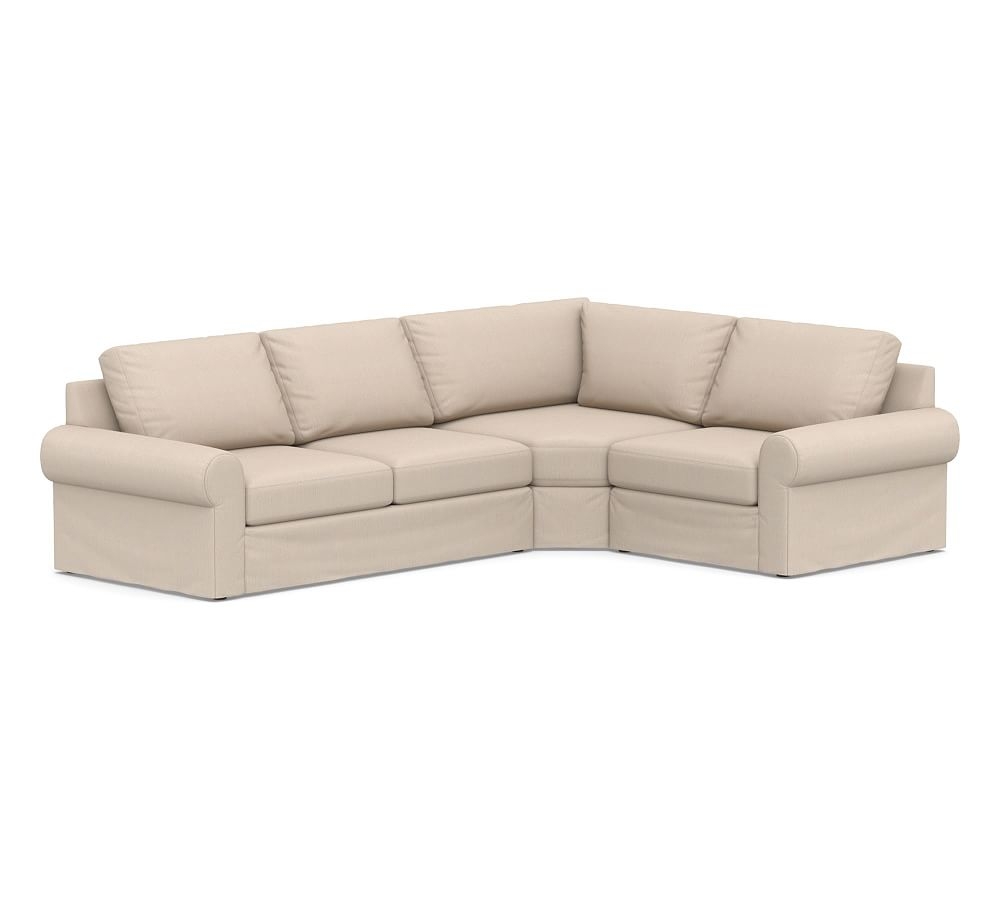 Big Sur Roll Arm Slipcovered Left Arm 3-Piece Wedge Sectional, Down Blend Wrapped Cushions, Sunbrella(R) Performance Sahara Weave Oatmeal - Image 0
