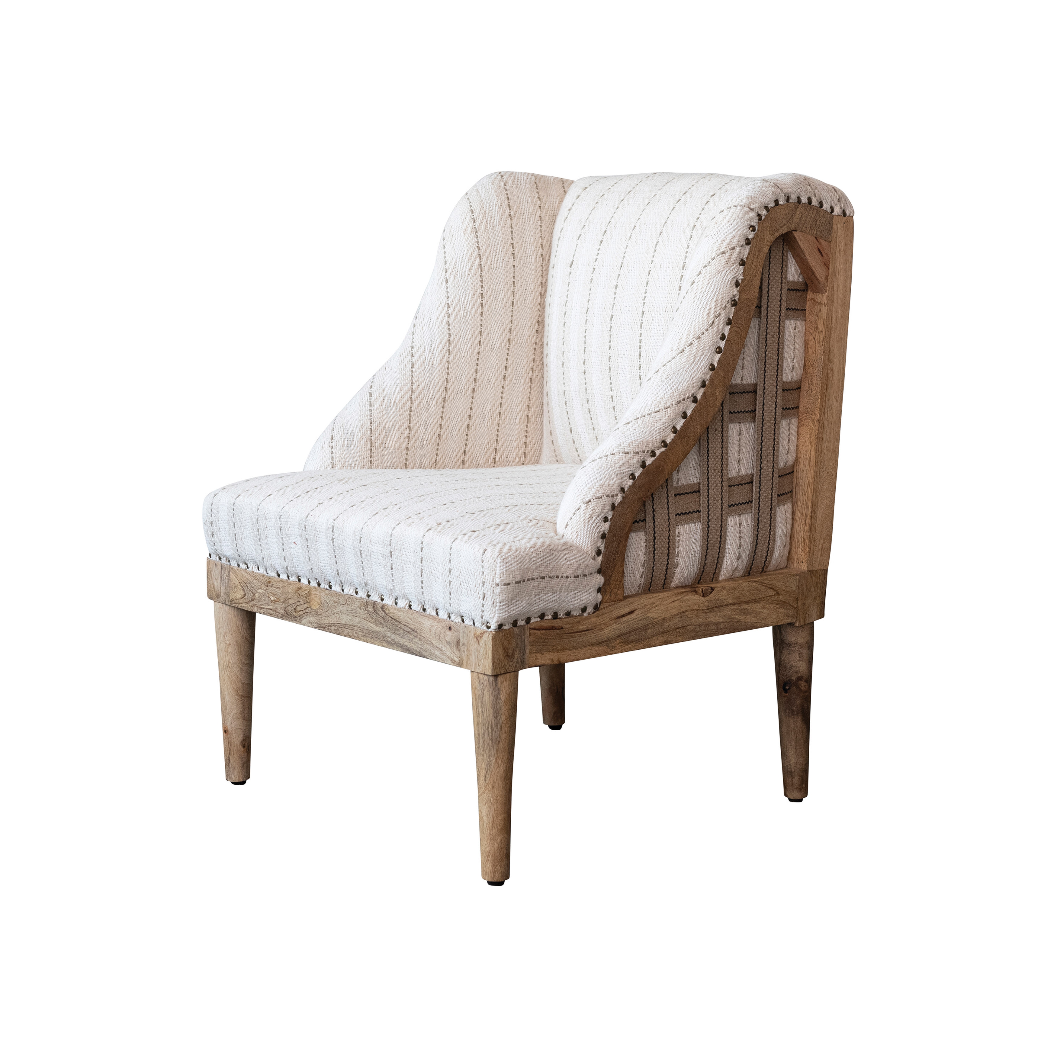 Woven Cotton Striped Chair with Mango Wood Legs and Jute Latticed Sides, Cream and Natural - Image 0