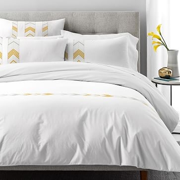 Percale Chasing Arrows Embroidery Duvet, Full/Queen, Stone White + Belgian Flax + Iron Gate - Image 1