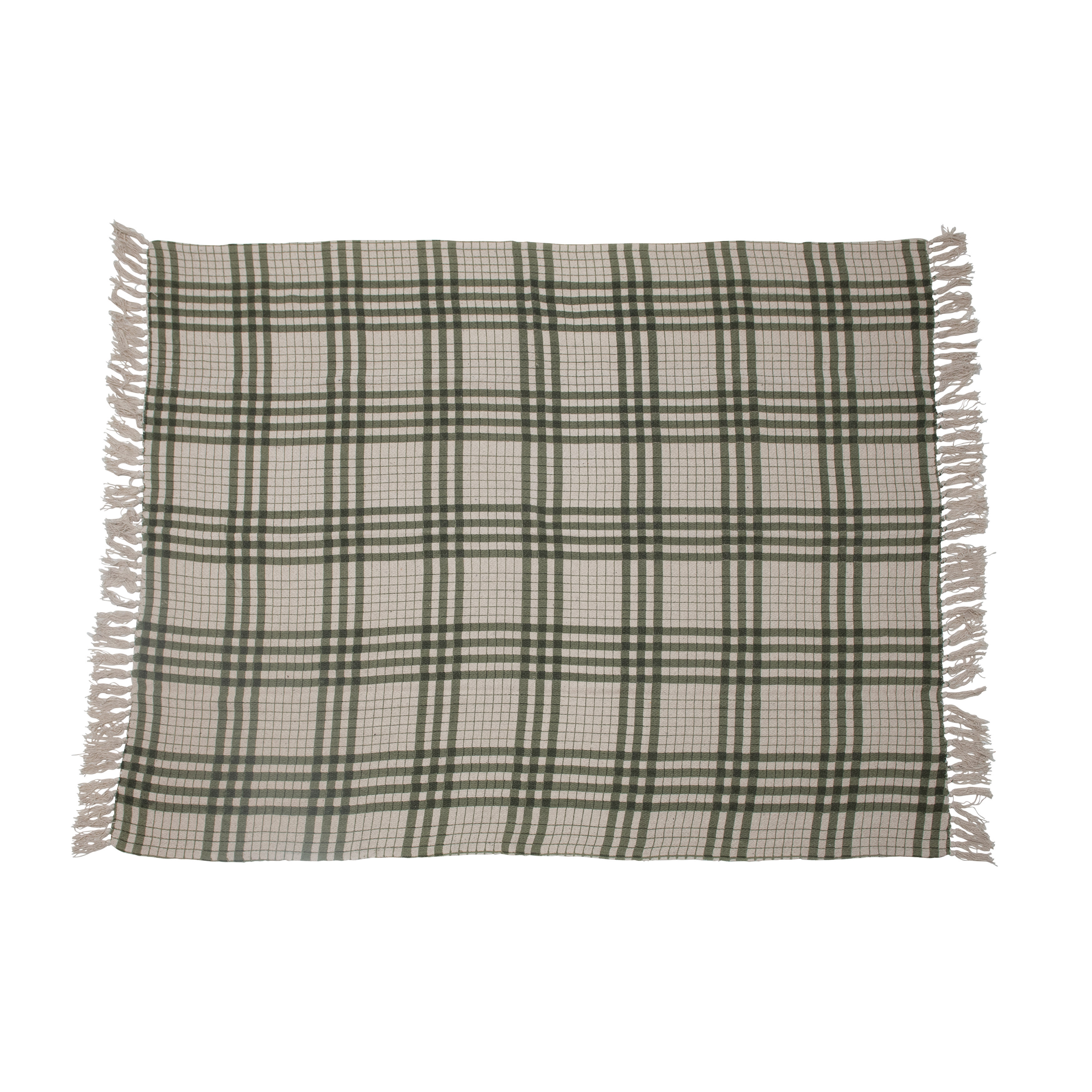 Recycled Cotton Printed Plaid Throw Blanket, Green - Image 0