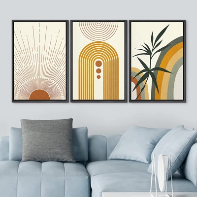 Mid-Century Geometric Sun Forest Plant Abstract - 3 Piece Floater Frame Graphic Art Set on Canvas - Image 0