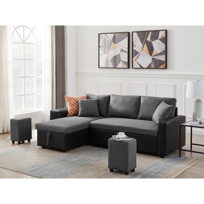Linen Reversible Sleeper Sectional Sofa With Storage And 2 Stools Steel - Image 0