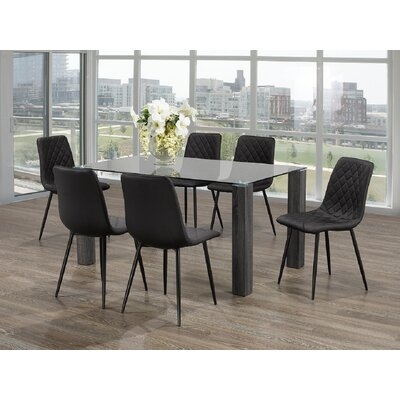 Dining Set 1 Tempered Clear Glass Table With Grey Wooden Legs And Chrome Accents And 6 Chairs Grey PU Cushion Seat With Diamond Pattern Stitching Details And Black Metal Legs - Image 0