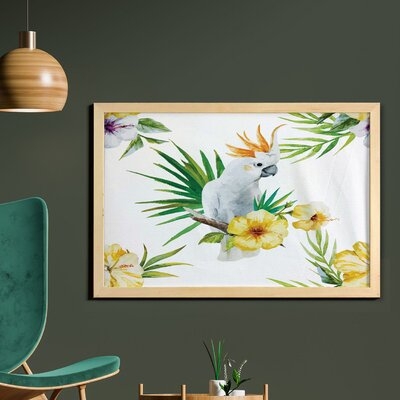 Ambesonne Parrot Wall Art With Frame, Hibiscus With Bird Intelligent Mimic Animals Creatures Wild Regions Art, Printed Fabric Poster For Bathroom Living Room Dorms, 35" X 23", White Yellow Green - Image 0