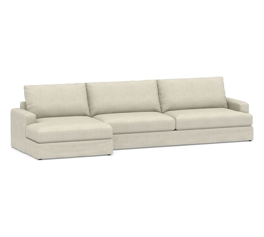 Canyon Square Arm Slipcovered Right Arm Sofa with Double Chaise Sectional, Down Blend Wrapped Cushions, Performance Heathered Basketweave Alabaster White - Image 0