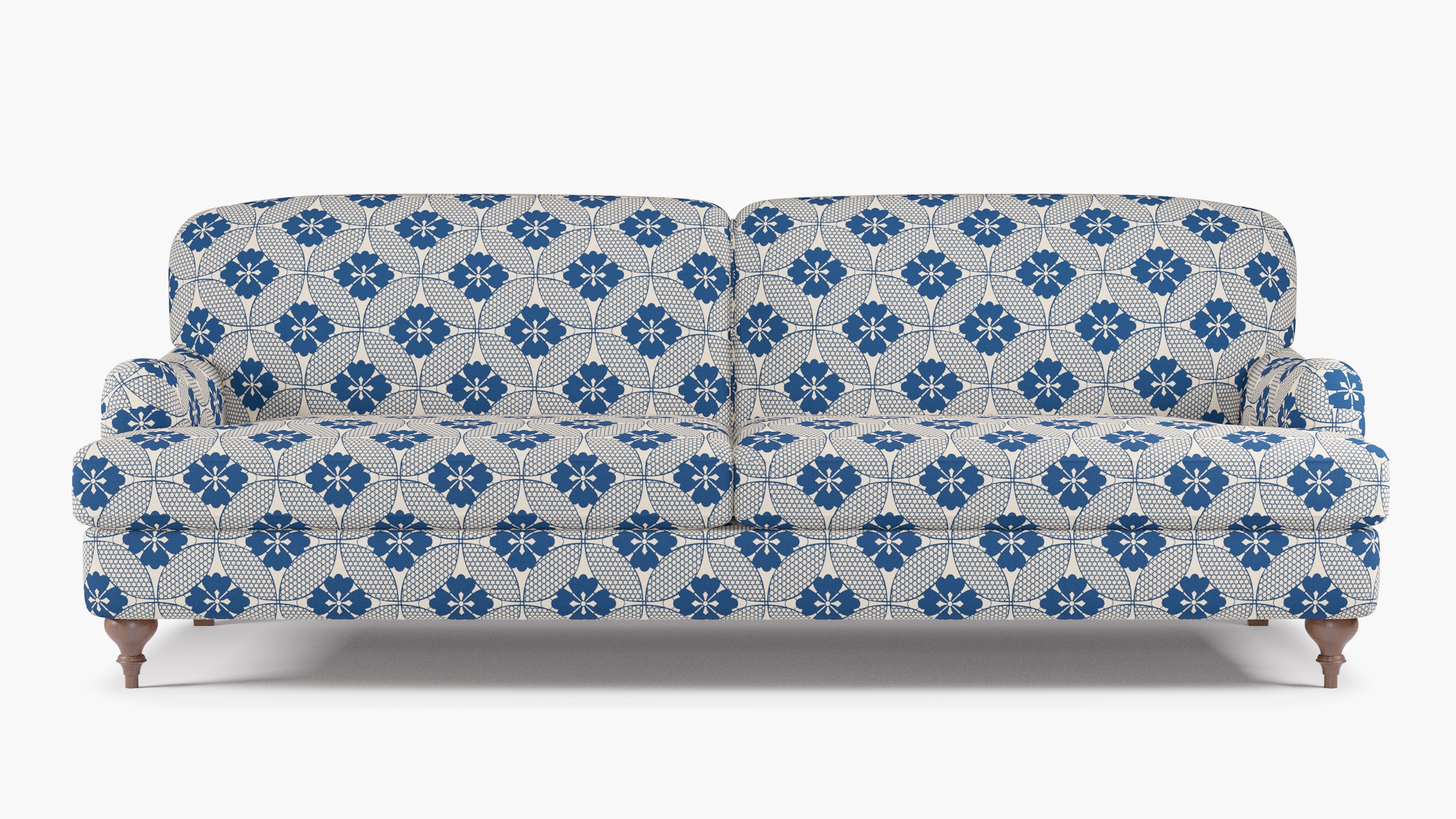 English Roll Arm Sofa, Bright Navy Solaire, Walnut Turned Wood Leg - Image 0