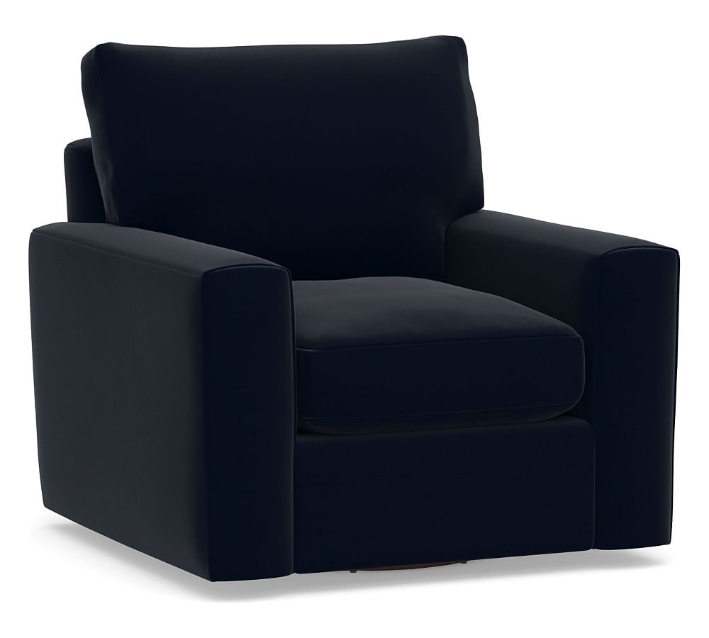 Pearce Modern Square Arm Upholstered Swivel Armchair, Down Blend Wrapped Cushions, Performance Plush Velvet Navy - Image 0