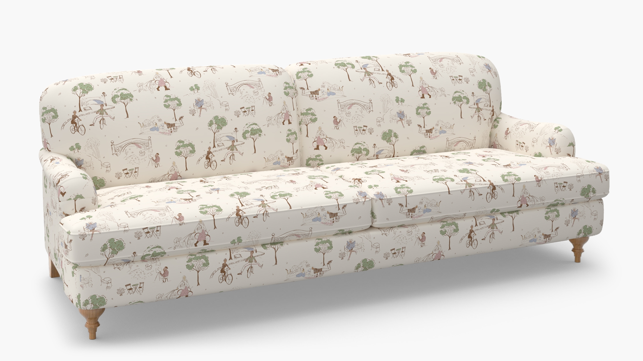 English Roll Arm Sofa, Multi Central Park Toile, Natural Turned Wood Leg - Image 1