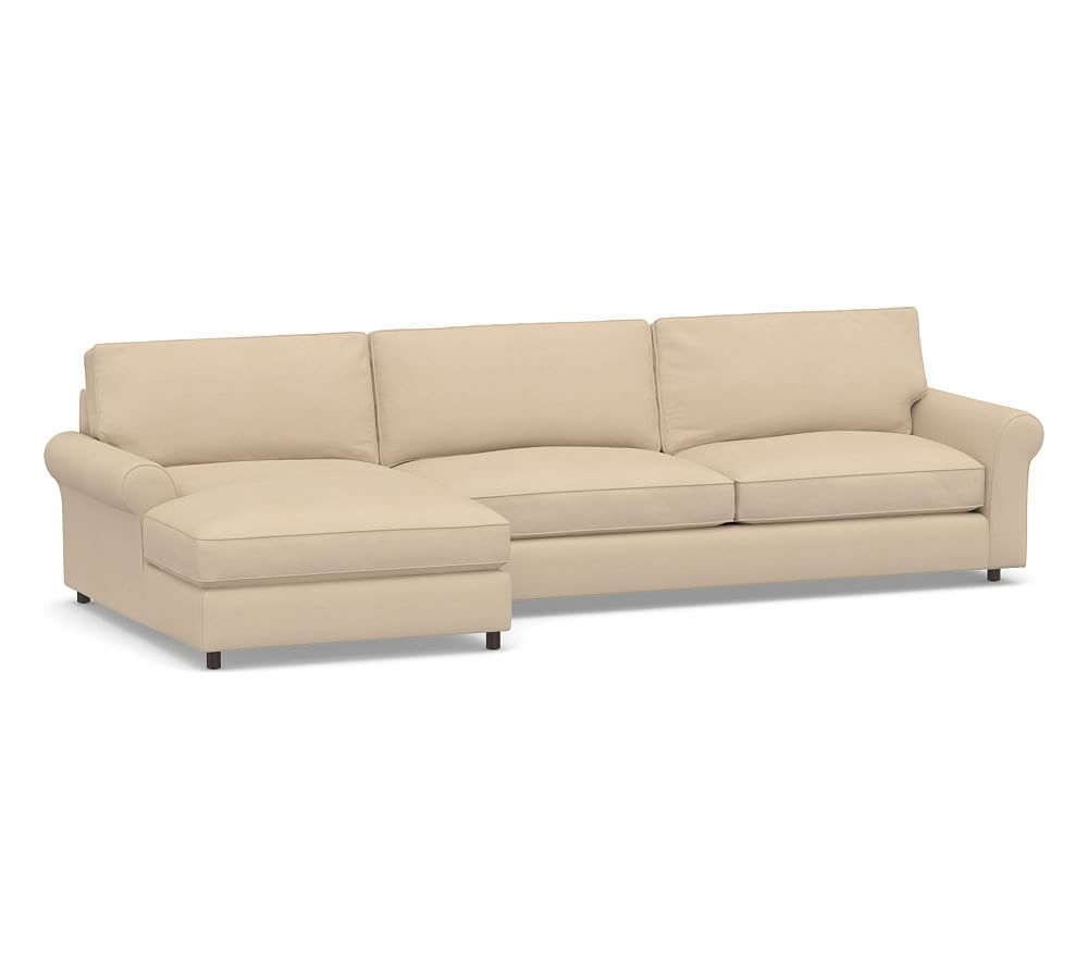 PB Comfort Roll Arm Upholstered Right Arm Sofa with Double Chaise Sectional, Box Edge Down Blend Wrapped Cushions, Twill Cream - Image 0