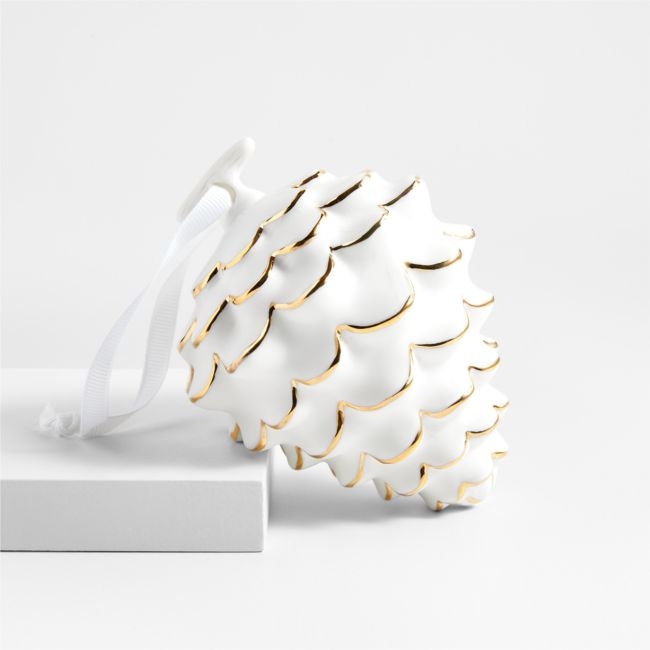 Gold Dipped White Ceramic Pinecone Christmas Tree Ornament - Image 0