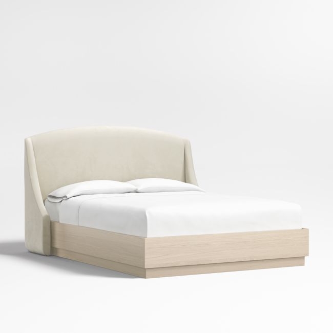 Lafayette 48" Beige Upholstered Queen Headboard with Batten White Oak Bed Base - Image 0