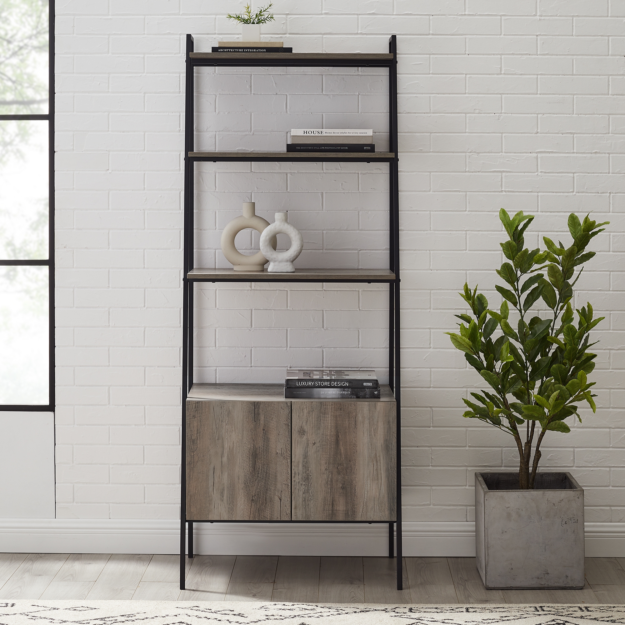 Arlo 72" Industrial Modern Ladder Shelf with Cabinet - Grey Wash - Image 0