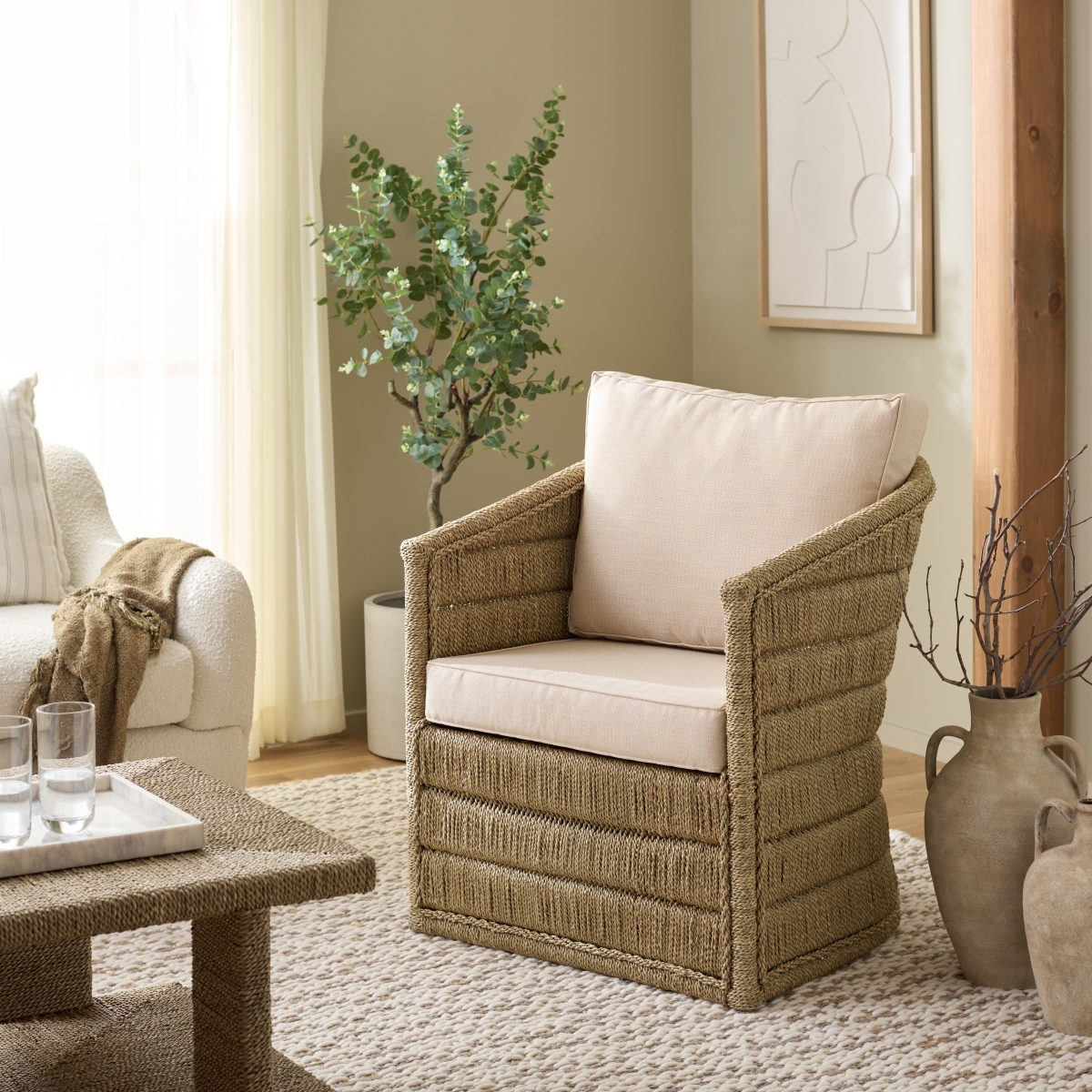 Aikan Woven Sea Grass Accent Chair - Natural / White - Image 1