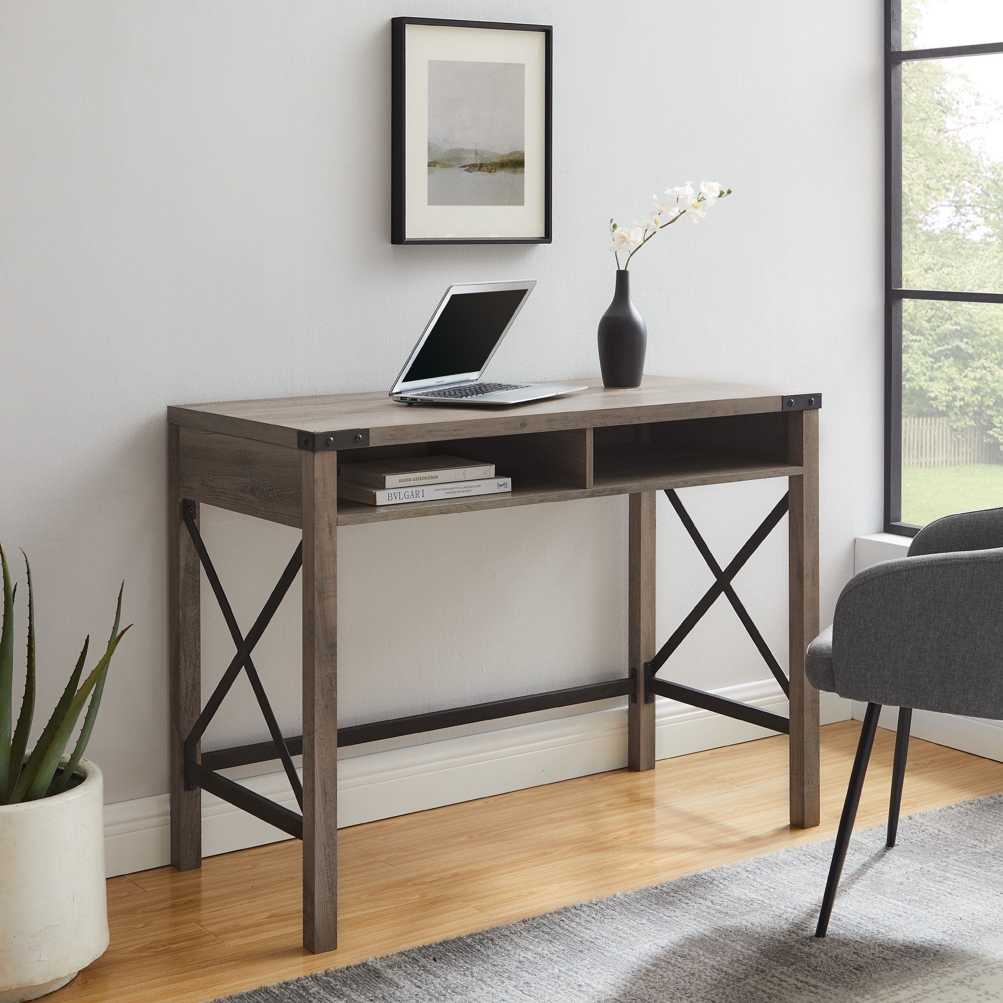 Metal X 42" Farmhouse Metal and Wood Desk - Grey Wash - Image 4