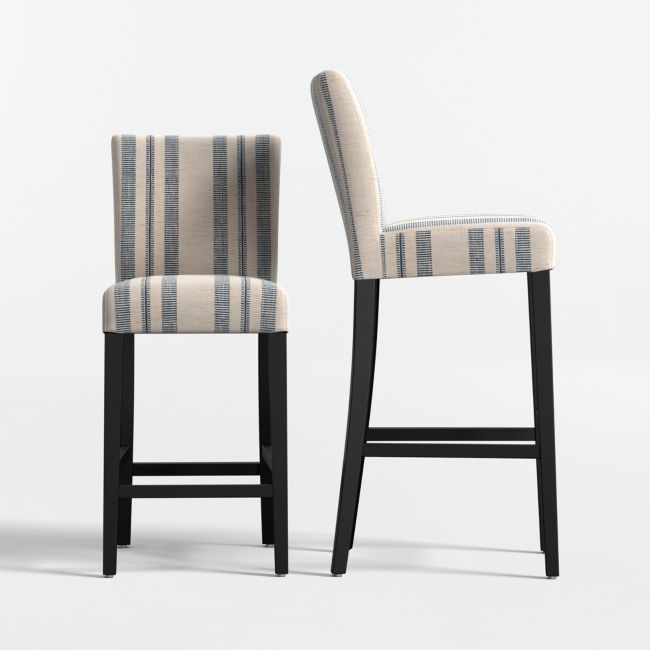 Lowe Indigo Stripe Upholstered Bar Stool with Ebony Wood Legs - Image 0