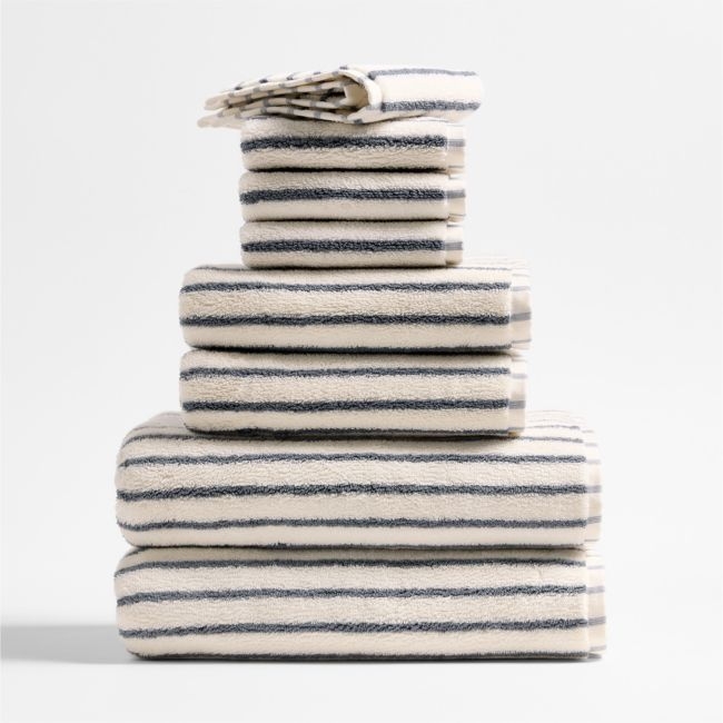 Organic Turkish Cotton Pampas Ivory and Evening Blue Stripe Bath Towels, Set of 8 - Image 0