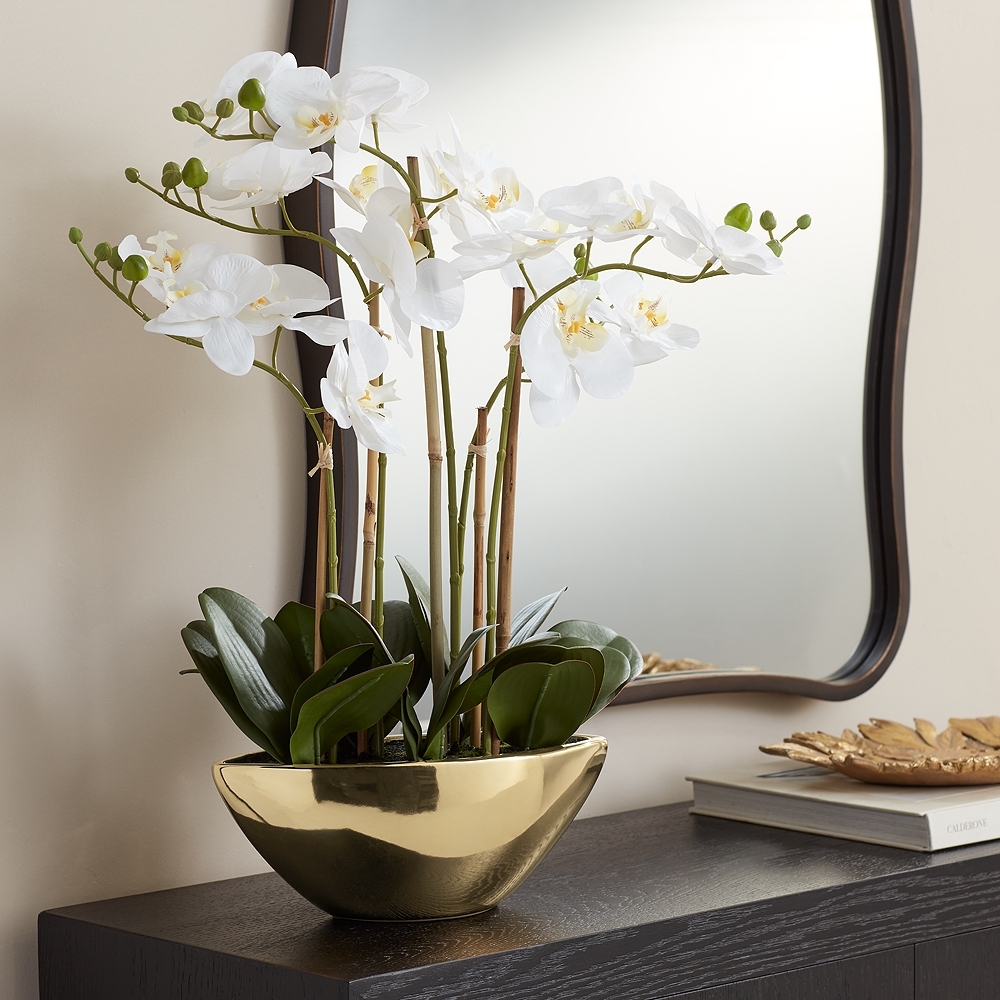 Belvois White Orchid 22" High Faux Flowers in Ceramic Pot - Image 0