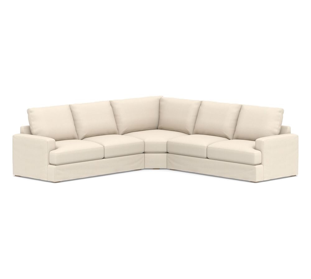 Canyon Square Arm Slipcovered 3-Piece L-Shaped Wedge Sectional, Down Blend Wrapped Cushions, Sunbrella(R) Performance Sahara Weave Ivory - Image 0