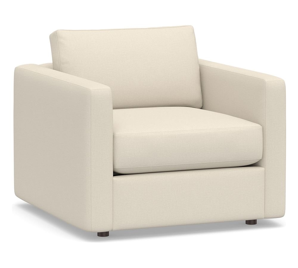 Carmel Slim Square Arm Upholstered Armchair, Down Blend Wrapped Cushions, Performance Brushed Basketweave Ivory - Image 0