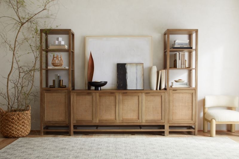 Blake 85" Light Brown Teak and Rattan Storage Media Console - Image 1