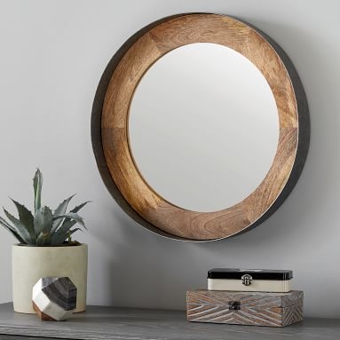 Round Wood and Metal Wall Mirror, Wood/Metal, Large - Image 3